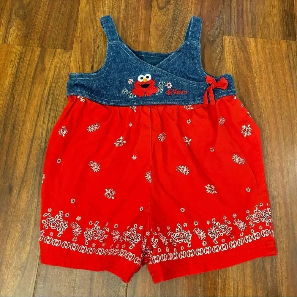 Sesame Street Elmo vintage denim embroidered red bandana overall romper